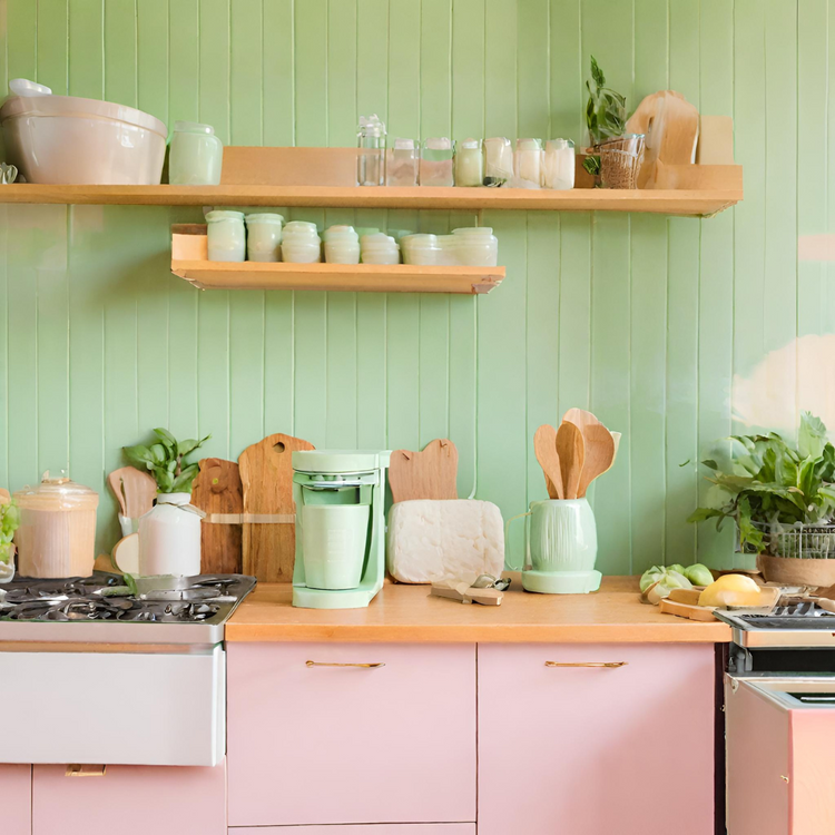 Cozinha Moderna Verde que representa a coleção de produtos de limpeza certificados para Cozinha