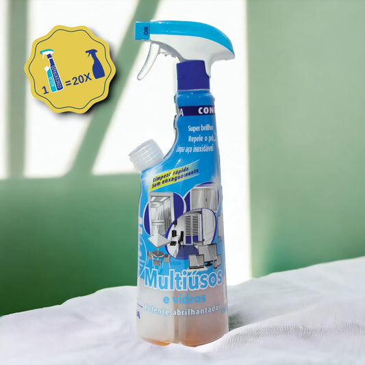 Visão frontal da Embalagem azul do detergente multiusos e limpa vidros concentrado