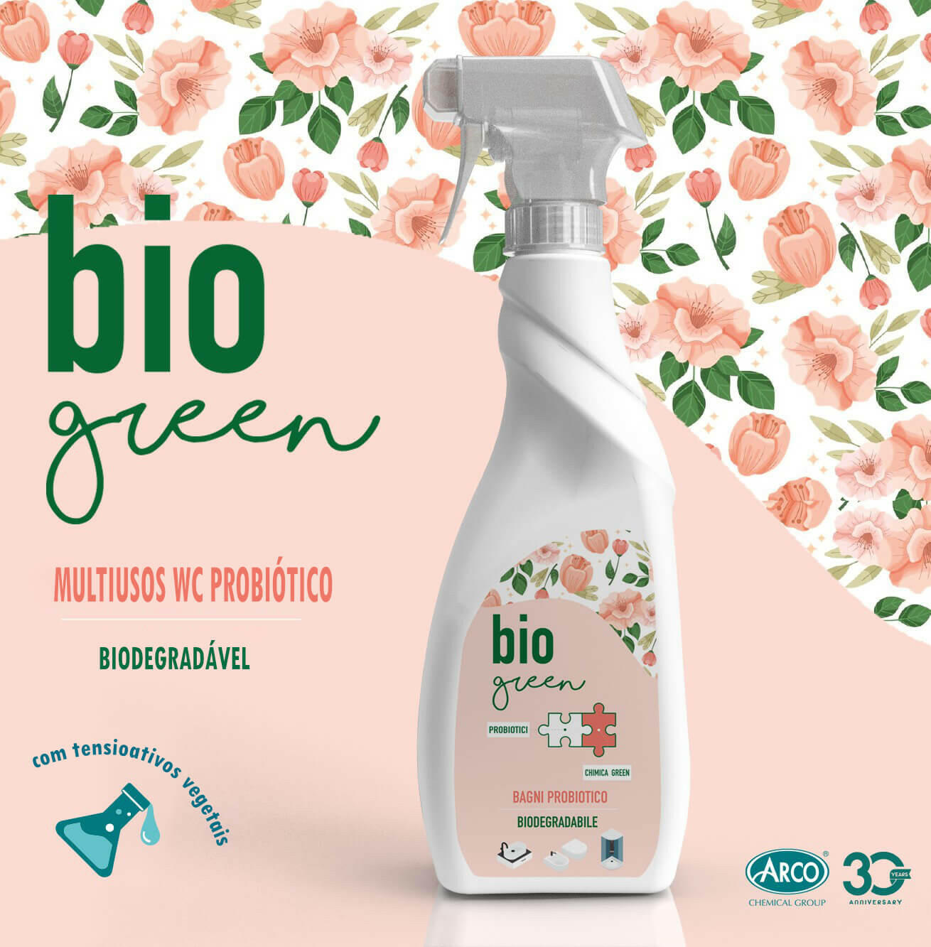 Produto de limpeza detergente Multiusos WC ou casa de banho Probiótico biogreen